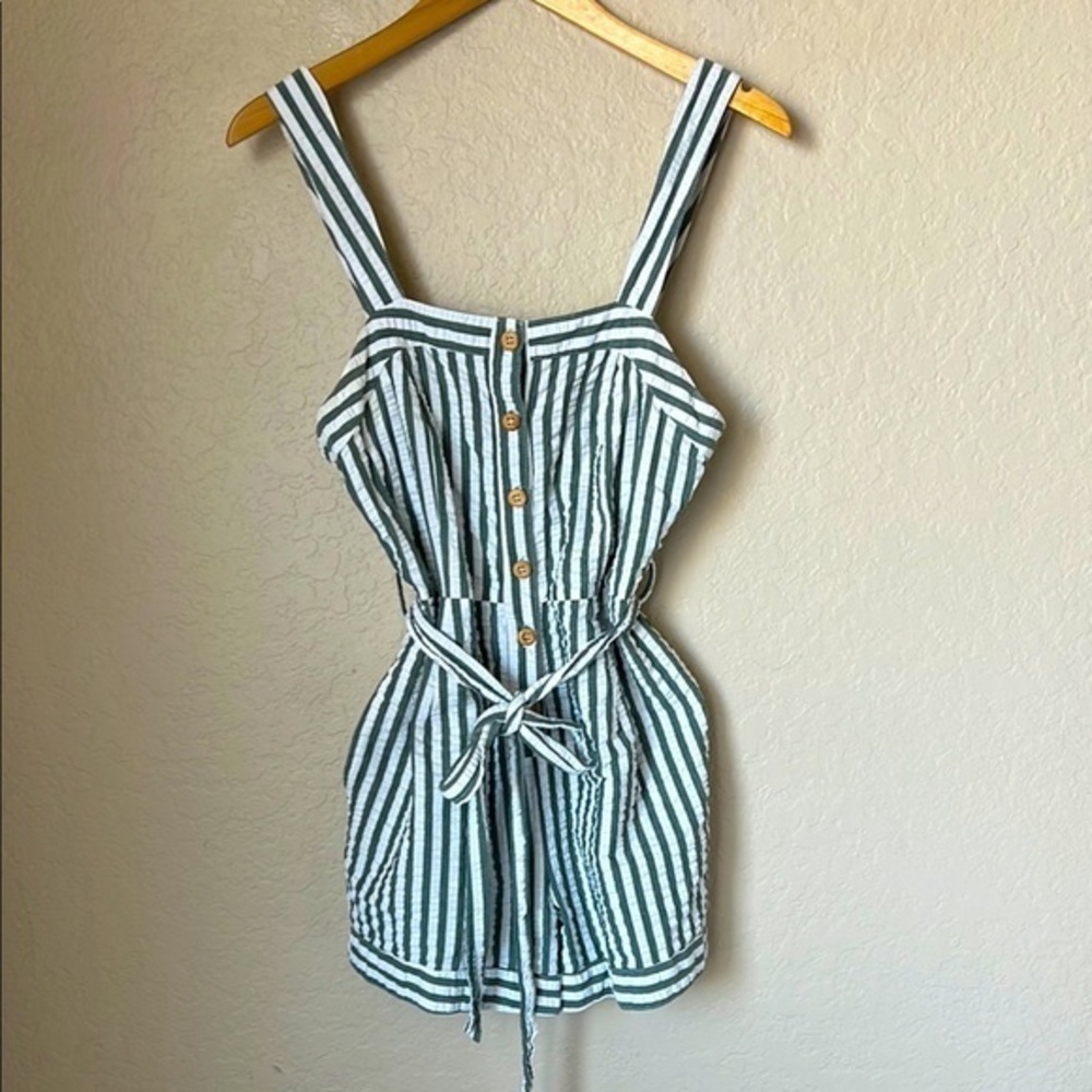 Cartonnier green and white seersucker striped shorts romper - Picture 2 of 9